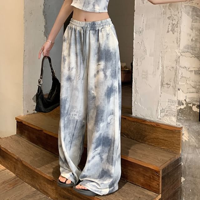 Neck Scoop Tie Dye Camisole Waist Drawstring Leg Cropped Wide / Pants Top