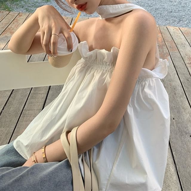 Ruffled Back Top Plain Camisole Open Balloon Keyhole