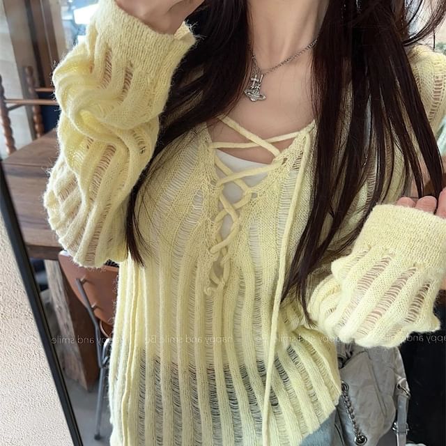 Distressed Lace-Up Knit Top - LaceLux