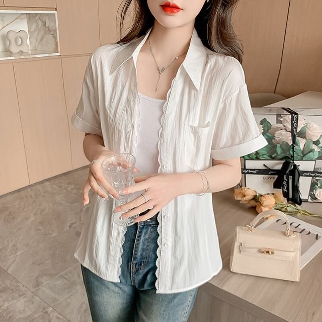 Button-Up Lace Blouse with Collar and Short Sleeves
