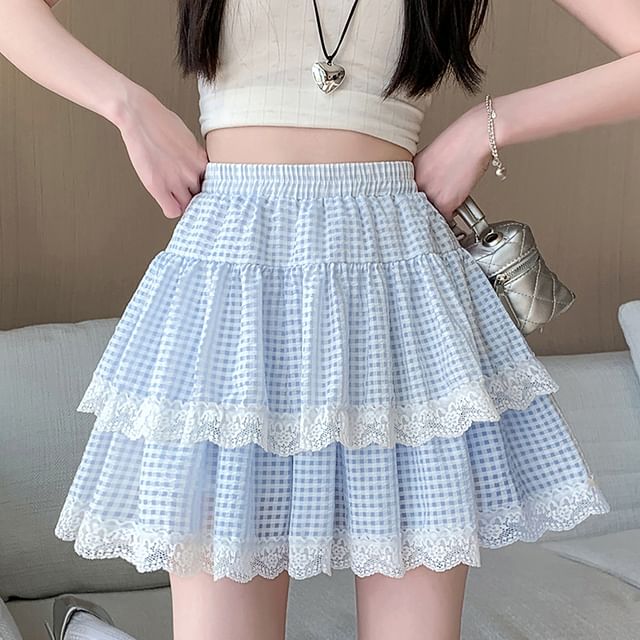 Skirt Lace Mini A-Line Waist Tiered Elastic Plaid Trim