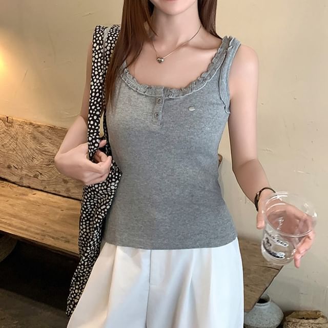 Top Frill Trim Tank Plain Crewneck