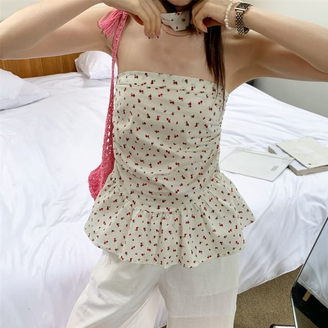 Print Tube Top Ruched Floral Ruffle Hem