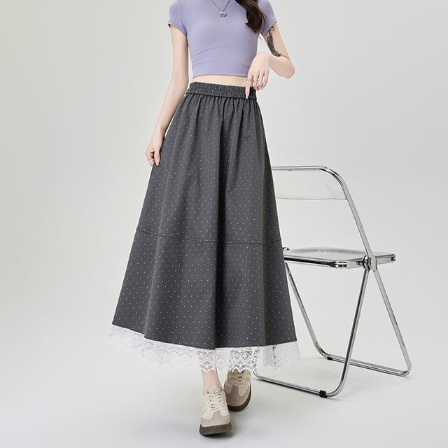 Midi Lace Panel Dotted High A-Line Skirt Waist
