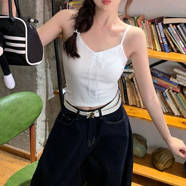 Trim Plain Crop Top Lace Accent Bow V-Neck Cami