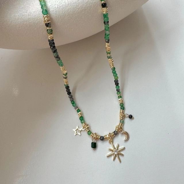 Alloy Faux Disc Gemstone / Fringed Star Bead Choker Moon Station Pendant