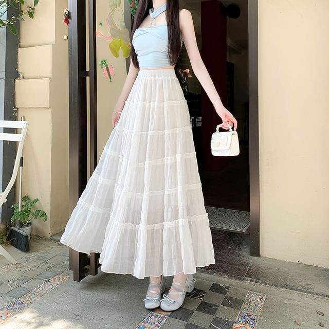 A-Line Tiered Waist Mesh Elastic Plain Skirt Midi