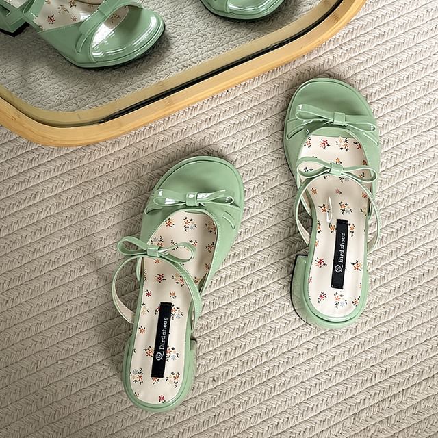 Patent Chunky Leather Sandals Heel Bow