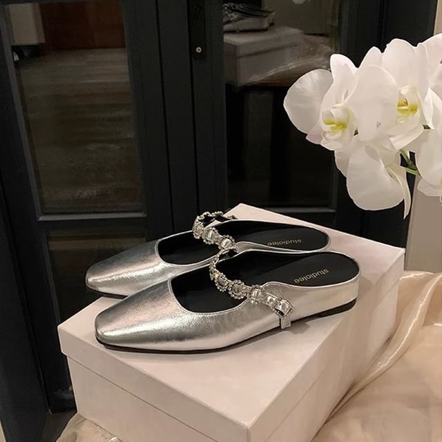 Mary Jane Mules Rhinestone Faux Hidden Leather Wedge