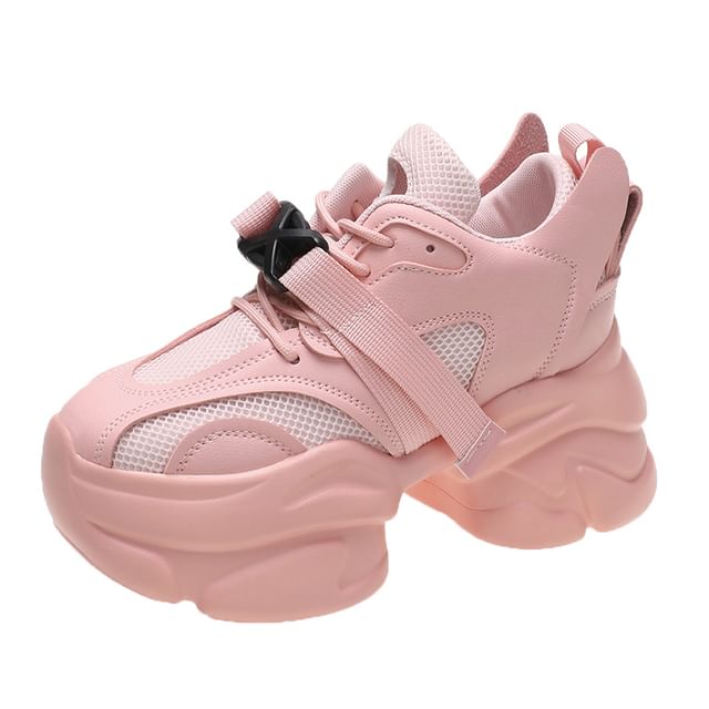 Buckled Lace-Up Mesh Platform Sneakers