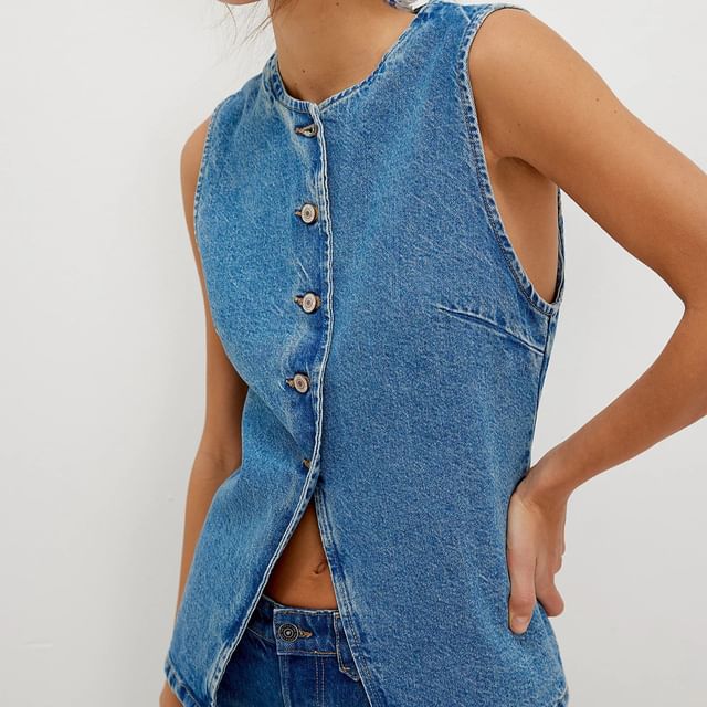 Button-Up Tank Slim-Fit Washed Denim Top