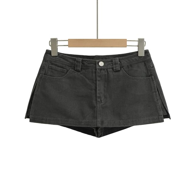 High Waist Plain Slit Mini Denim Skort