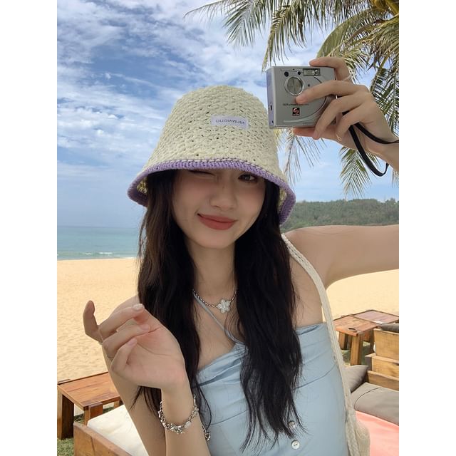 Applique Lettering Trim Contrast Knit Hat Bucket