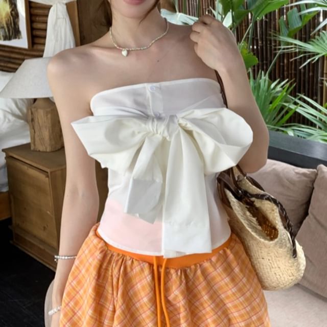 Plaid Bow Plain A-Line Tube Skirt Top Waist / Mini Balloon Drawstring