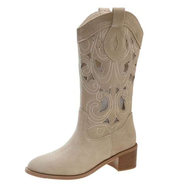 Cutout Boots Chunky Mid-Calf Embroidered Heel