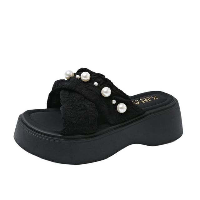 Cross Pearl Faux Slide Platform Criss Sandals