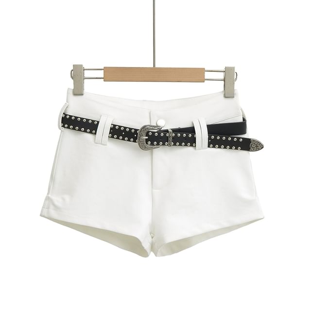 High Waist Plain Studded Belted Denim Shorts