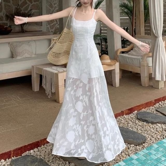 Lace Spaghetti Strap Scoop Neck A-Line Maxi Dress