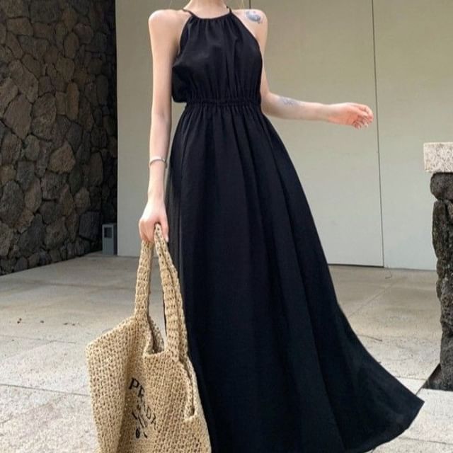 Open Back Spaghetti Strap Plain Maxi A-Line Dress