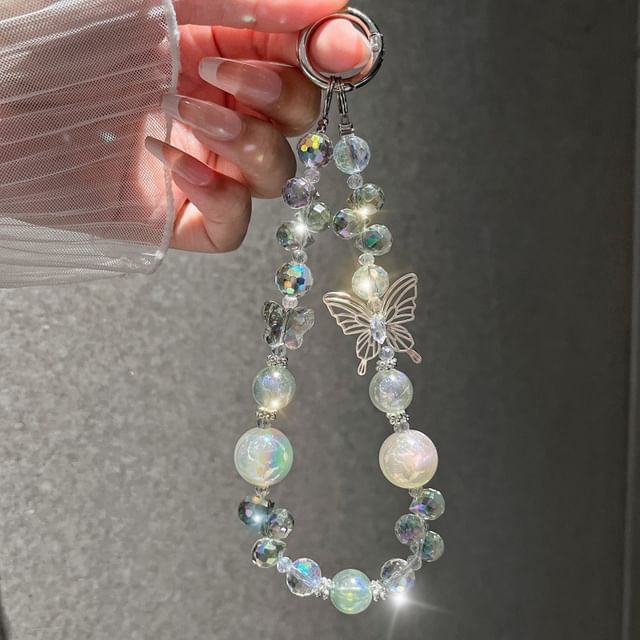Faux Crystal Beaded Wrist Strap Phone Butterfly
