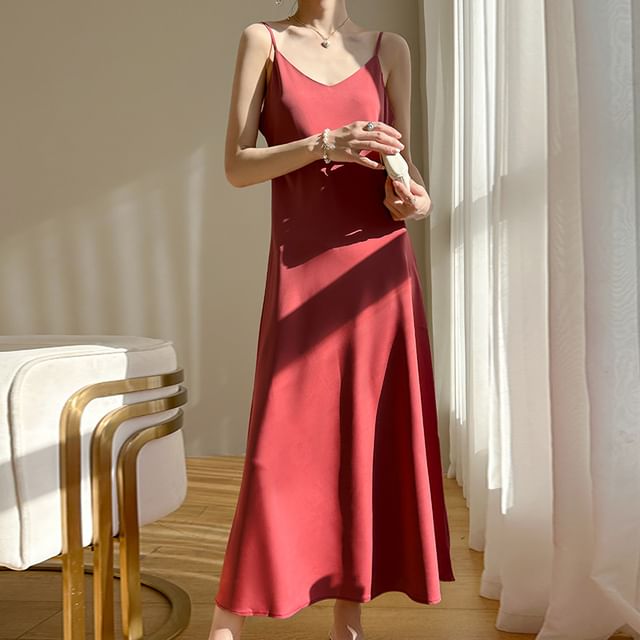 Plain Dress V-Neck Satin Spaghetti A-Line Midi Strap