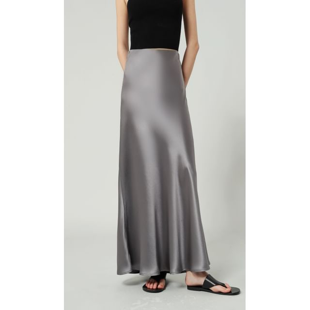 Satin Waist Plain Maxi High Skirt A-Line