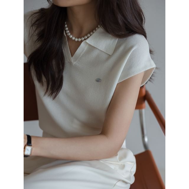 V-Neck Cap-Sleeve Plain Collared Crop Top Knit