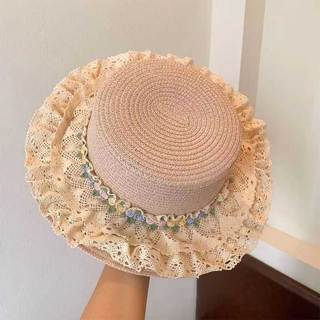 Floral Hat Lace Trim Straw