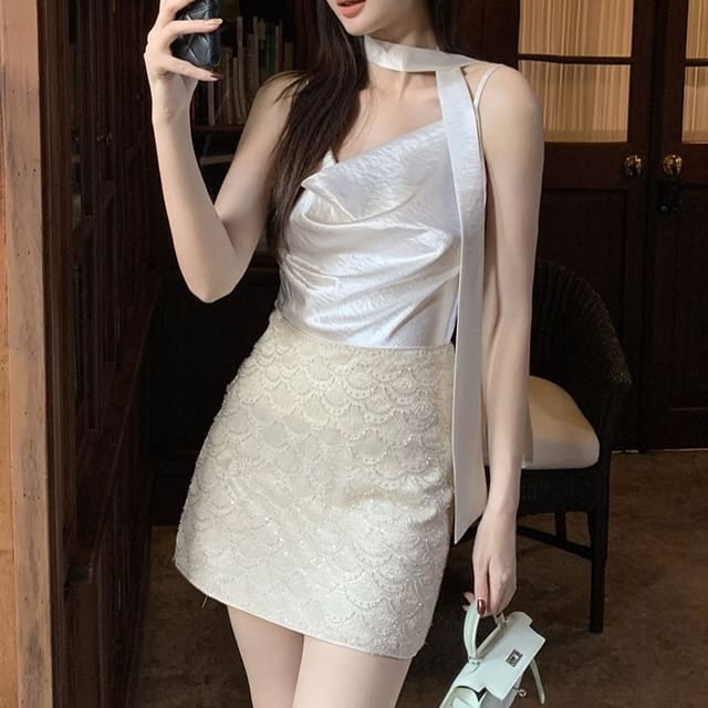 Top Strap Spaghetti Neck Cowl Plain Camisole