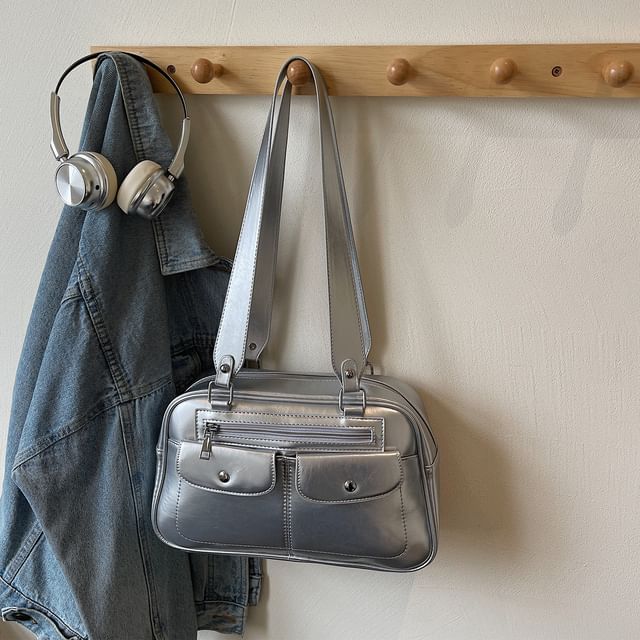 Faux Leather Plain Zip Shoulder Bag