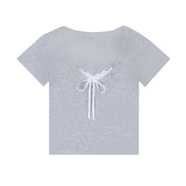 V-Neck Lace Trim Short Sleeve Top