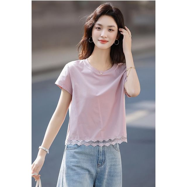 Crew Neck Lace Panel Short Sleeve Tee