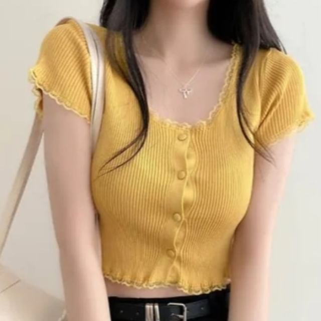 Scoop Neck Lace Ruffled Crop Top
