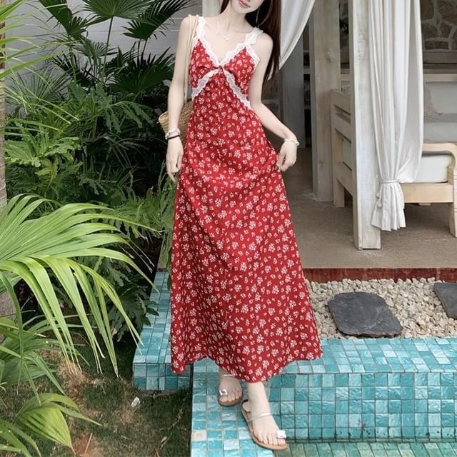 Dress Floral Maxi Print A-Line V-Neck Cardigan Sleeveless /