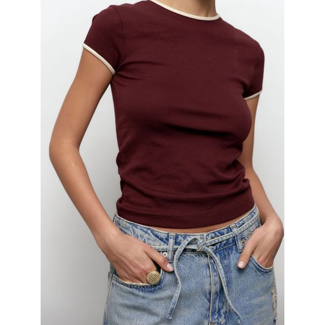 Contrast Slim Crew Tee Neck Short-Sleeve Trim Crop Fit