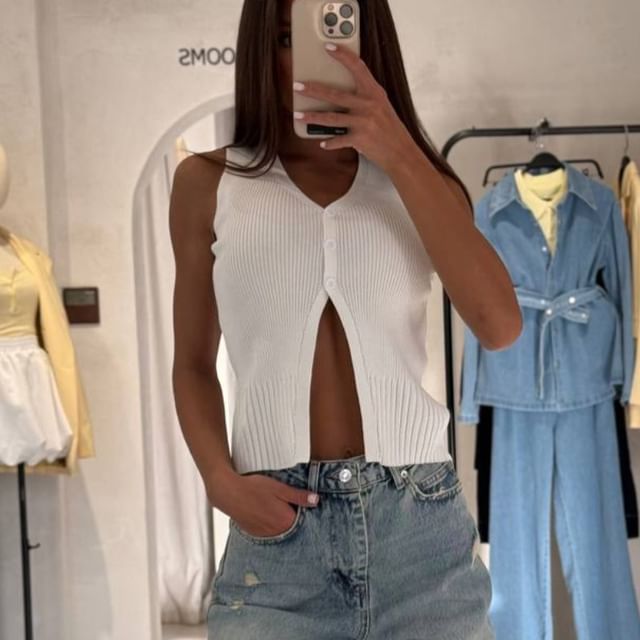Slit Vest Crop Button-Up Plain V-Neck Sweater