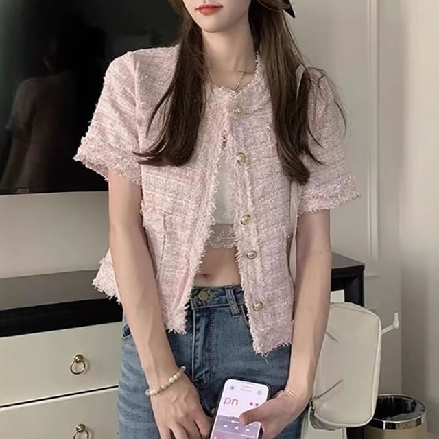 Short Sleeve Round Neck Fray Tweed Button Jacket