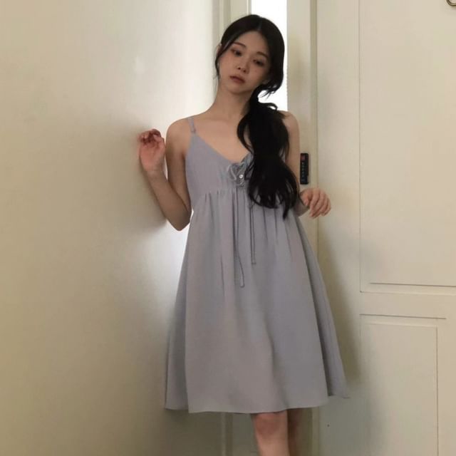 Spaghetti Strap V-Neck Plain Mini A-Line Dress