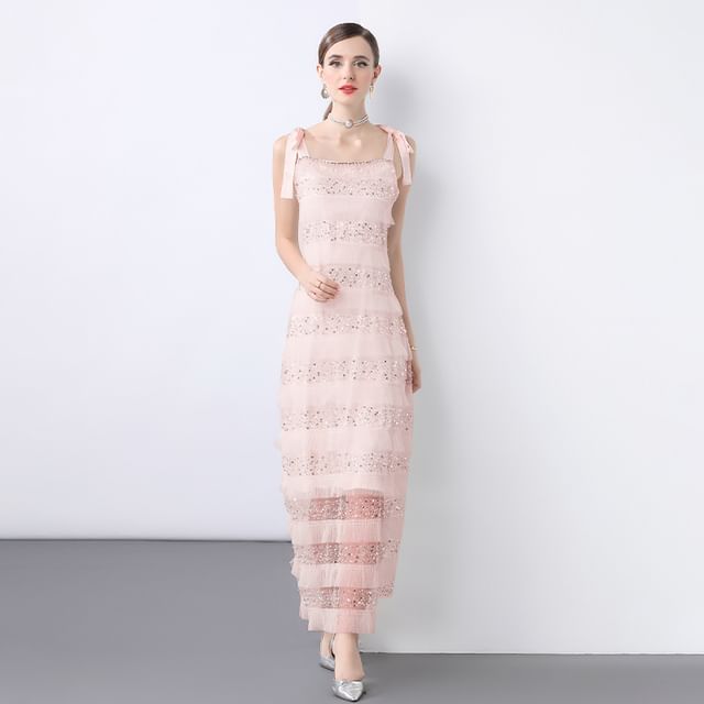 Tie Shoulder Plain Sequin Beaded Panel Maxi A-Line Dress