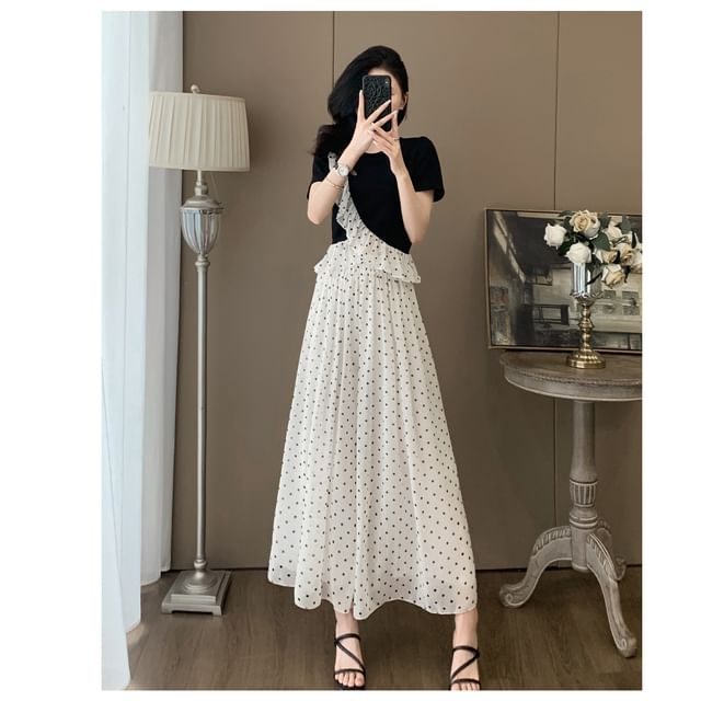 Ruffle-Trimmed Crew Neck Top with Dotted Wide-Leg Pants Set