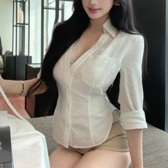 Plain Long-Sleeved Mock Two-Piece Cropped Shirt