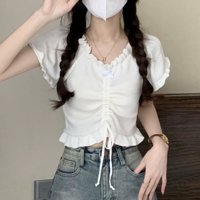 Plain Frill-Trimmed Ruched Drawstring V-Neck Cropped Tee
