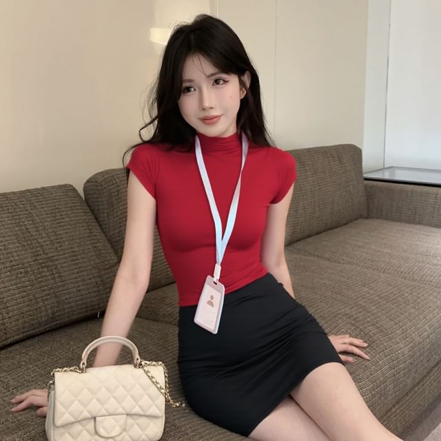Plain Turtleneck Slim Cropped Top & Mini Pencil Skirt Set