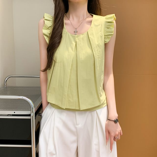 Plain Layered Cap-Sleeved Round-Neck Cropped Blouse