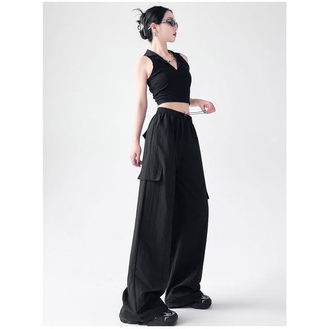 Elastic Waist Plain Baggy Cargo Pants (Various Designs)