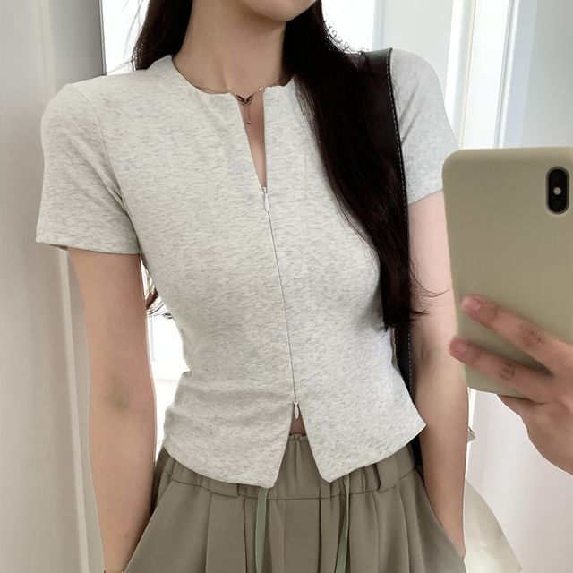 Top Knit Zip-Up Short-Sleeve Plain