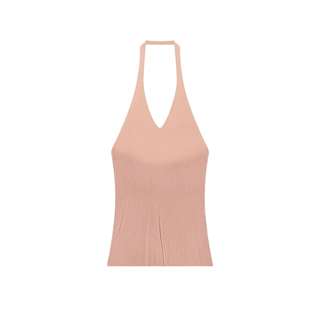 Plain Ribbed Knit Halter Top / Drawstring Maxi A-Line Skirt / Open Cardigan
