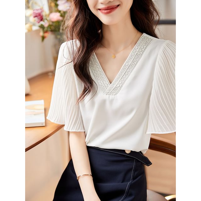 Sheer Paneled Accordion-Pleated V-Neck Short-Sleeved Blouse