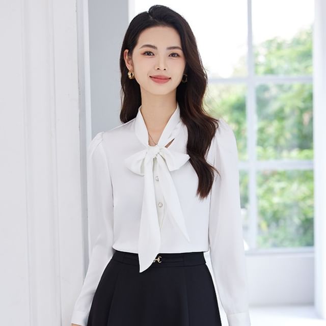 Plain Tie-Neck Long-Sleeved Blouse / High-Waisted Midi A-Line Skirt