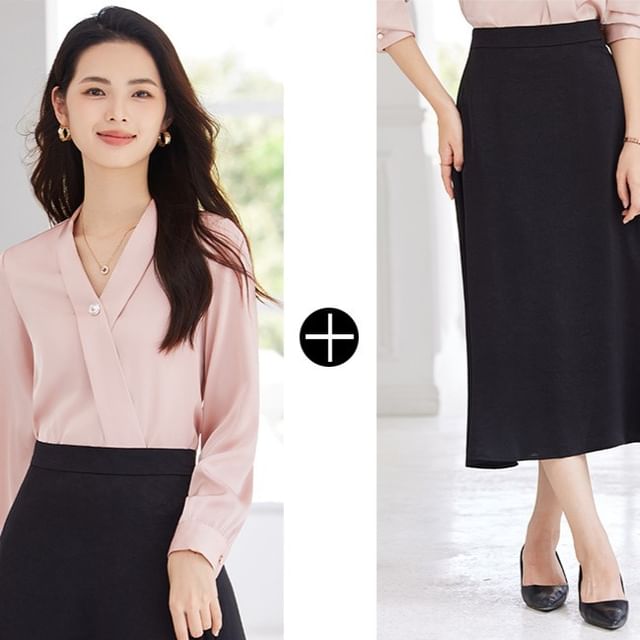 Set: Plain V-Neck Long-Sleeved Blouse + High-Waisted Midi Straight Skirt